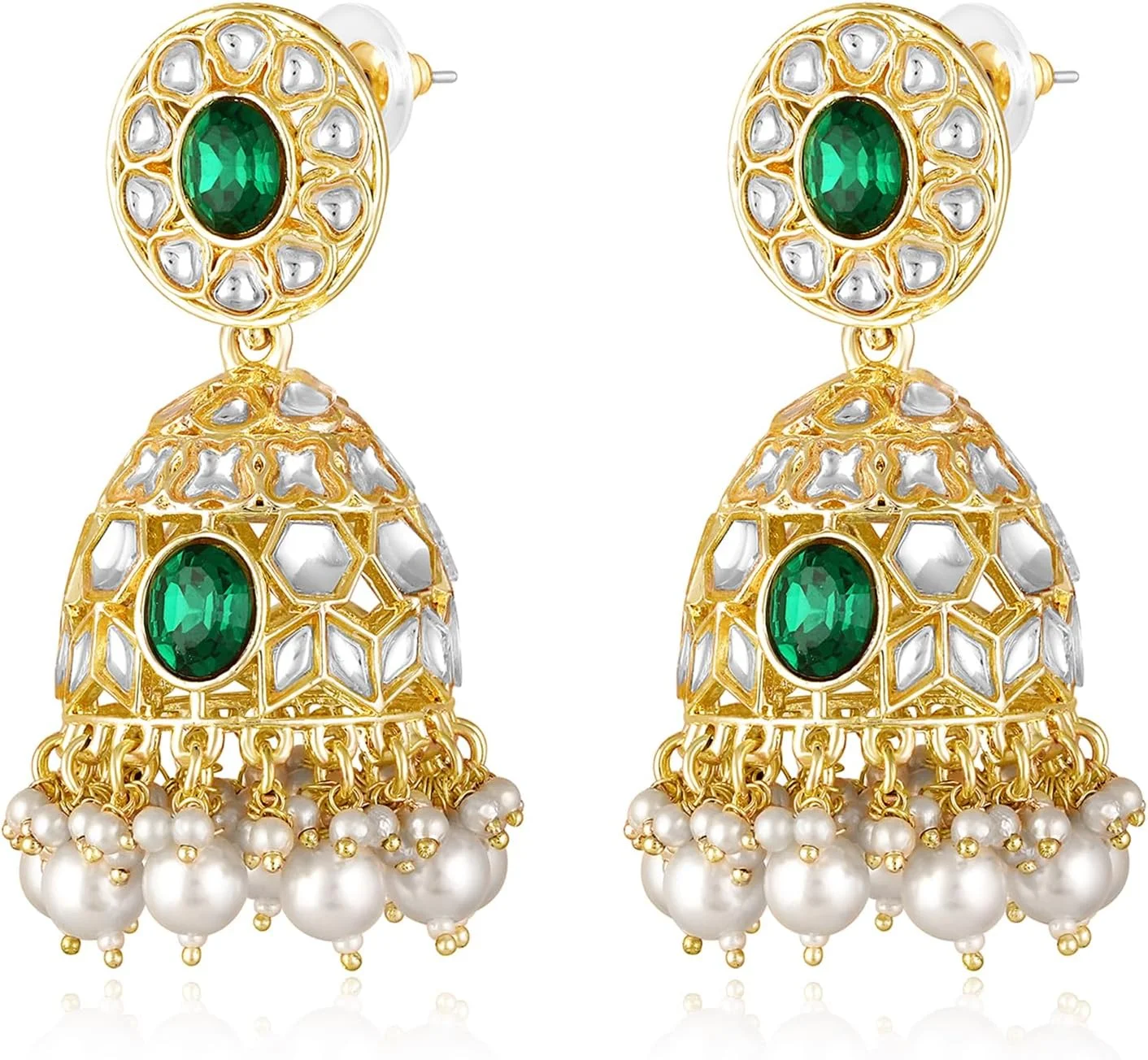 گوشواره های جومکی سبز رنگ نگین دار Aheli Kundan & Beads، جواهرات مد قومی برای زنان گوشواره های جومکی سبز رنگ نگین دار Aheli Kundan & Beads، جواهرات مد قومی برای زنان