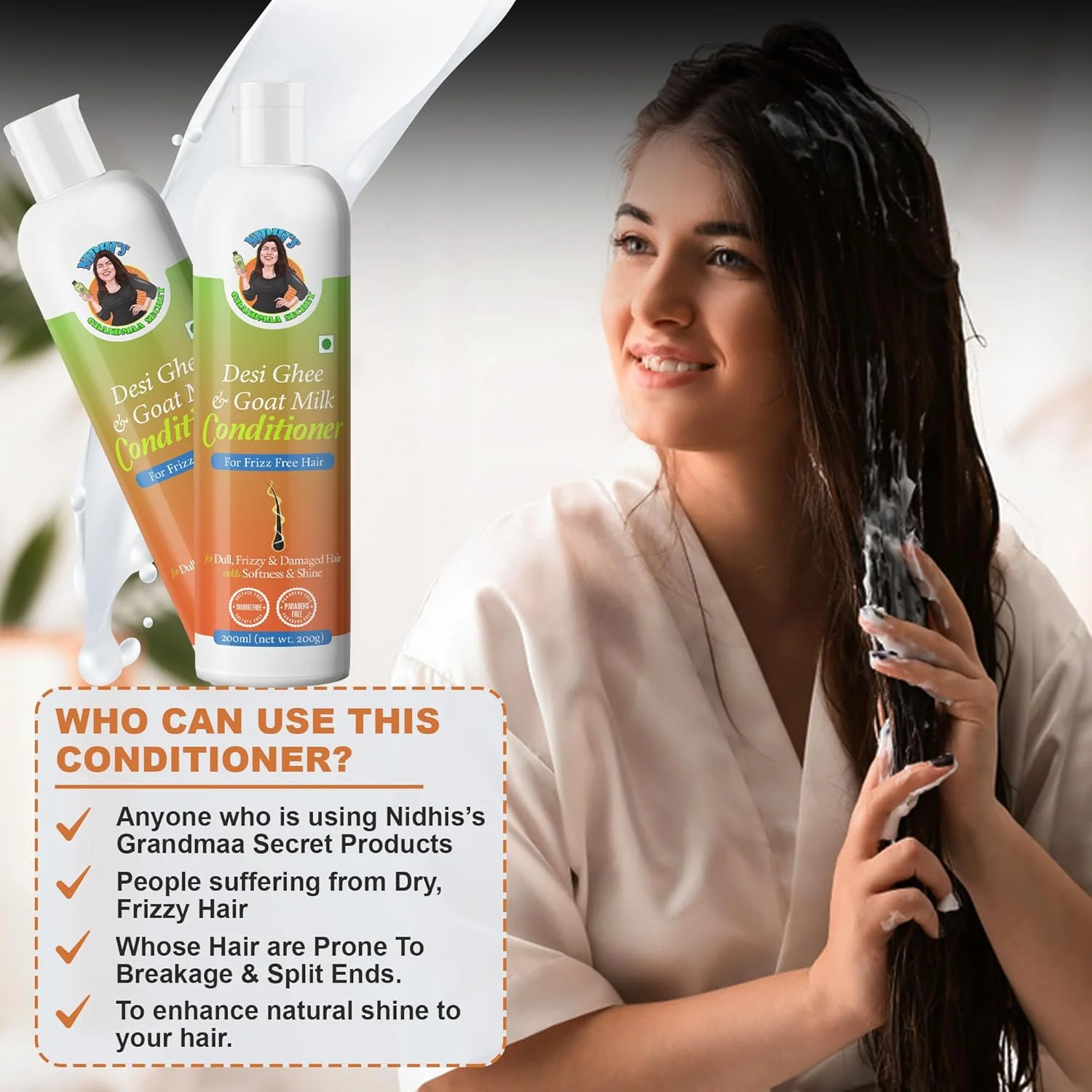 نرم کننده مو حاوی روغن حیوانی و شیر بز NIDHI’S GRANDMAA SECRET مناسب موهای خشک و آسیب دیده - 200 میلی لیتر نرم کننده مو حاوی روغن حیوانی و شیر بز NIDHI’S GRANDMAA SECRET مناسب موهای خشک و آسیب دیده - 200 میلی لیتر