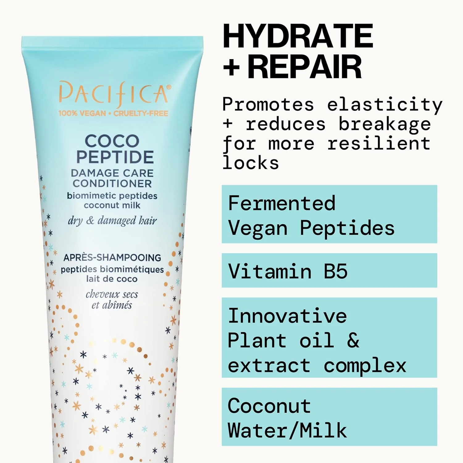 نرم کننده موی آسیب دیده پسیفیکا بیوتی، حاوی پپتید نارگیل، مناسب موهای خشک و آسیب دیده، ترمیم کننده آسیب ناشی از دکلره، رنگ، خدمات شیمیایی، کلر و حرارت، حاوی نارگیل، ویتامین B5 و پپتید، رفع موخوره و شکستگی مو