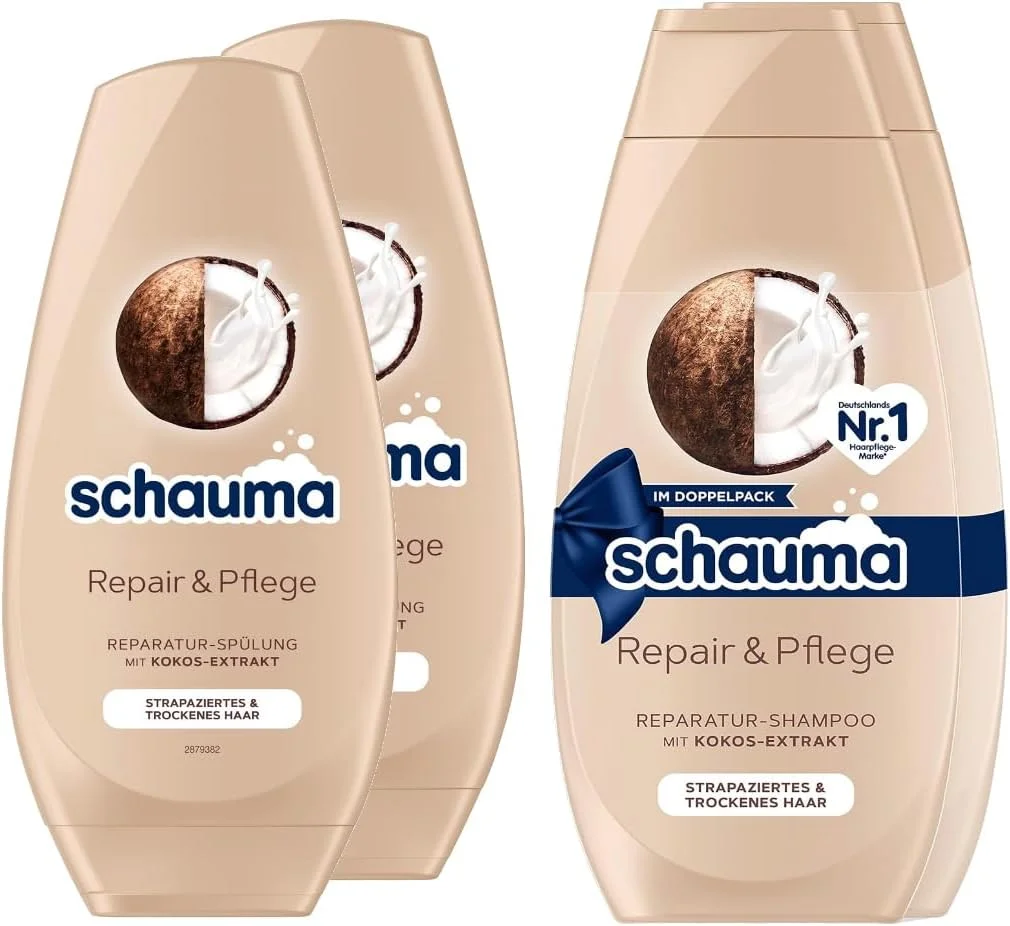 شامپو ترمیم کننده و مراقبت کننده Schauma، بسته 2 عددی (1 × 2 × 400 میلی لیتر) ایجاد کننده لطافت، شامپو ترمیم کننده موهای آسیب دیده و خشک و نرم کننده مو (2 × 250 میلی لیتر) نرم کننده مو با عصاره نارگیل