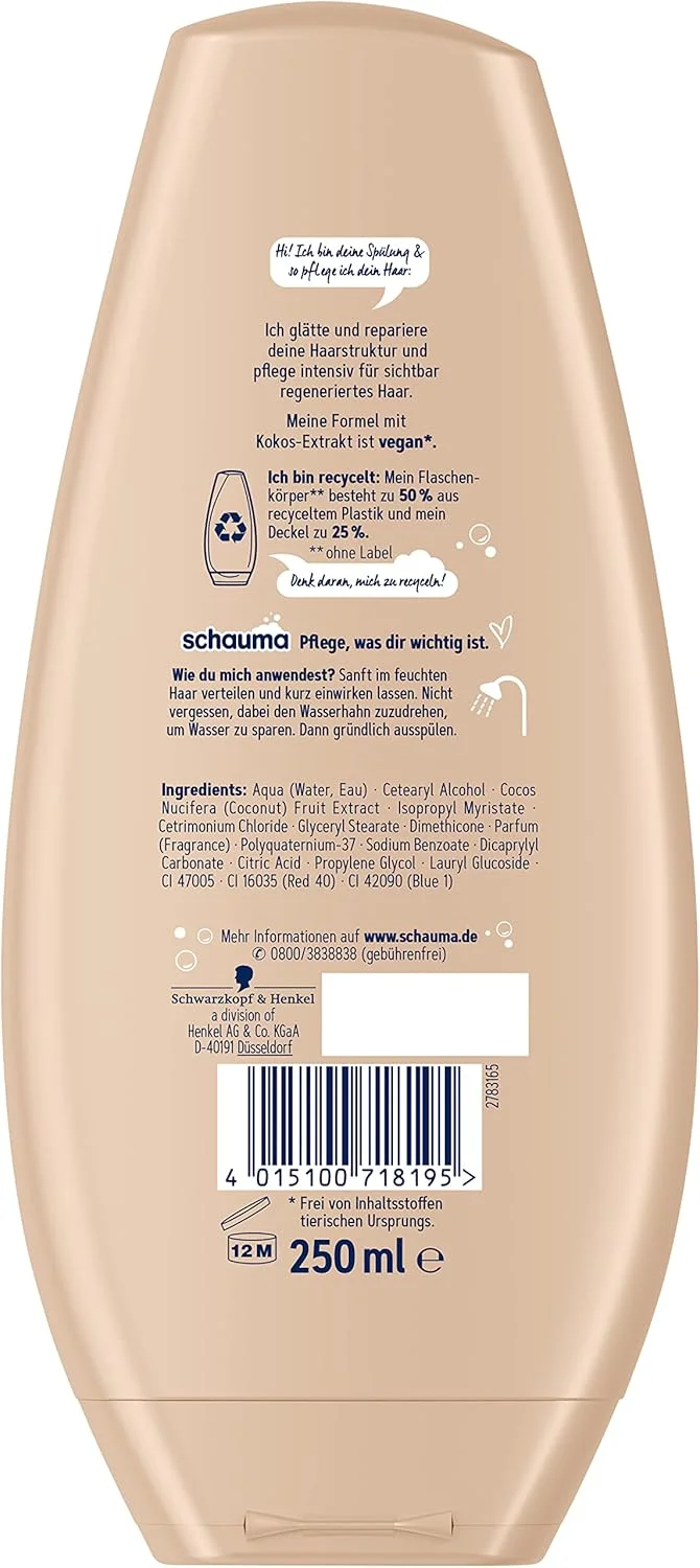 نرم کننده مو ترمیم کننده و مراقبتی Schauma (250 میلی لیتر)، نرم کننده مو با عصاره نارگیل مغذی موهای خشک، نرم کننده ترمیم کننده برای شانه پذیری 3 برابر بهتر نرم کننده مو ترمیم کننده و مراقبتی Schauma (250 میلی لیتر)، نرم کننده مو با عصاره نارگیل مغذی موهای خشک، نرم کننده ترمیم کننده برای شانه پذیری 3 برابر بهتر