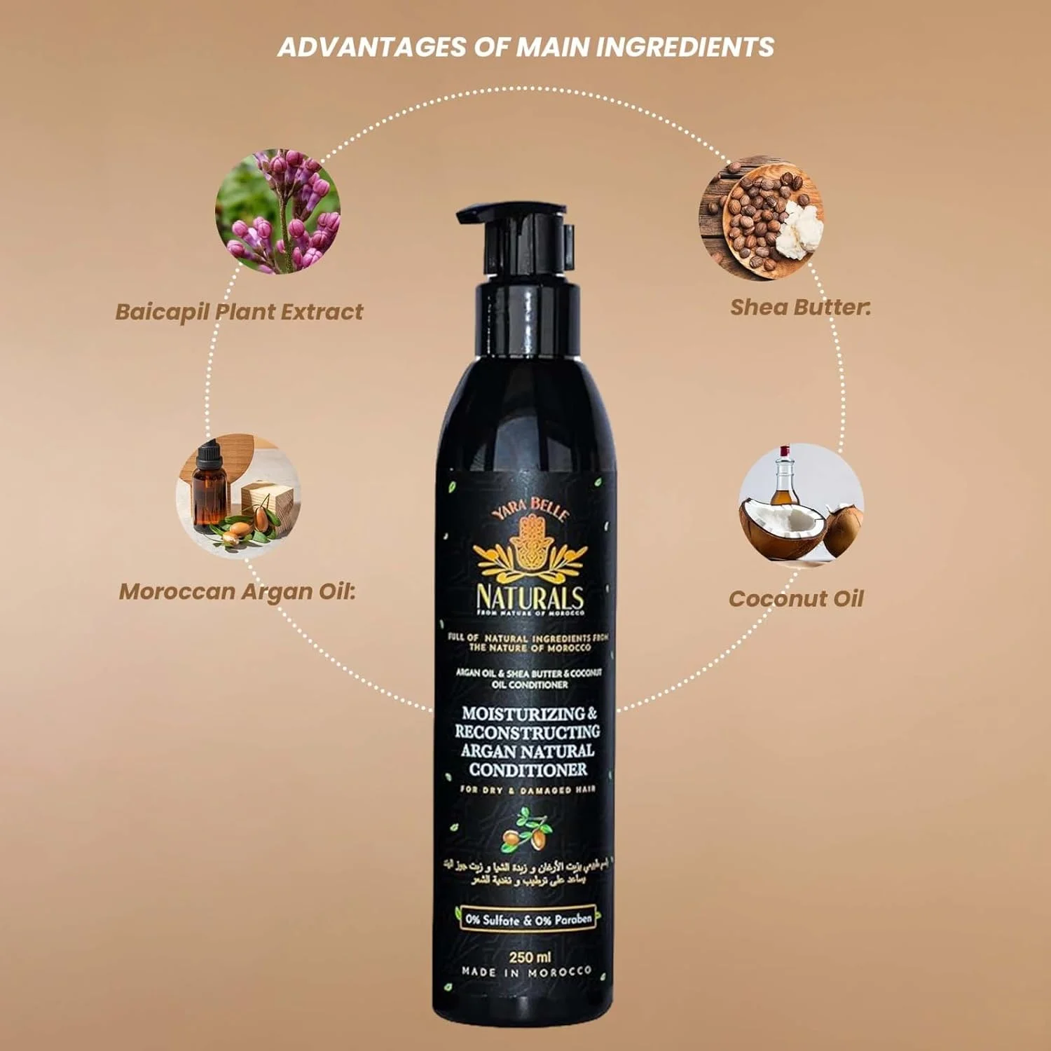 نرم کننده ترمیم کننده موی سر یارابل نچرالز | 250 میلی لیتر | کنترل ریزش مو | مناسب موهای خشک و آسیب دیده | حاوی شی باتر، روغن نارگیل | فاقد سولفات و پارابن | حاوی روغن آرگان