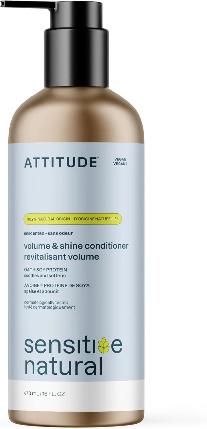 نرم کننده حجم دهنده ملایم ATTITUDE برای پوست حساس با جو دوسر، تست شده توسط متخصص پوست، وگان، بدون عطر، بطری آلومینیومی، 473 میلی لیتر