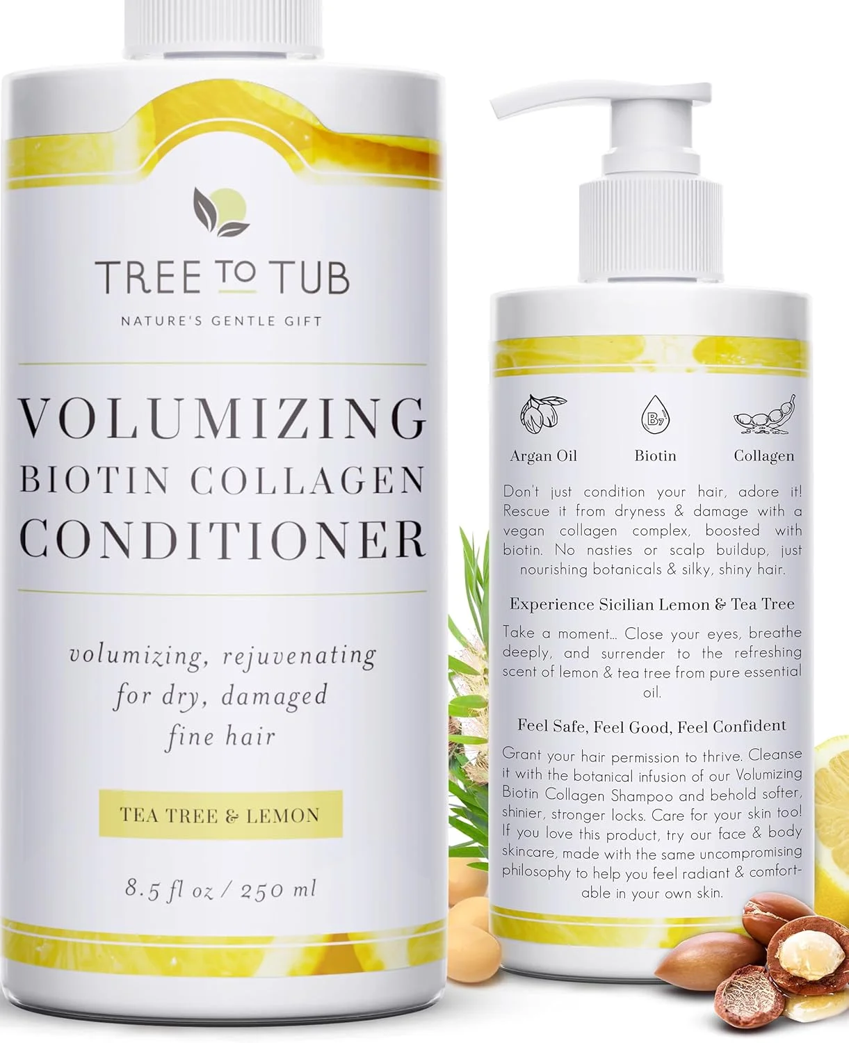 نرم کننده موی گیاهی بیوتین و کلاژن Tree to Tub برای موهای خشک و آسیب دیده - نرم کننده حجم دهنده بدون سولفات برای ضخیم شدن موهای نازک زنان و مردان با روغن آرگان ارگانیک، لیمو طبیعی و روغن درخت چای