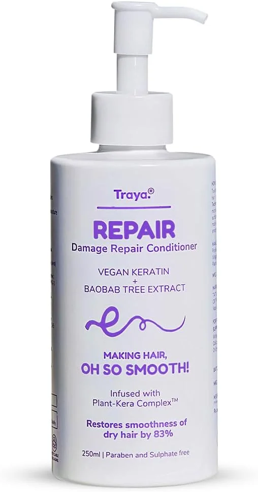 نرم کننده مو ترمیم کننده آسیب دیده ترایا، کراتین وگان، عصاره درخت بائوباب، نرم کننده مرطوب کننده عمیق برای ترمیم تارهای مو آسیب دیده، بدون سولفات و پارابن، برای انواع مو | 250 میلی لیتر