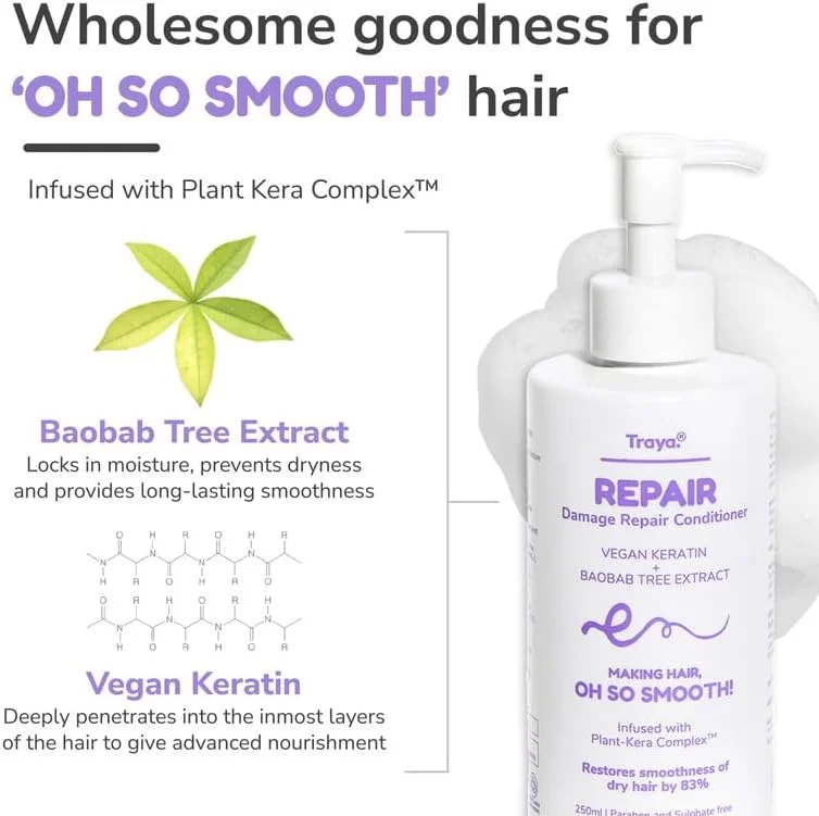 نرم کننده مو ترمیم کننده آسیب دیده ترایا، کراتین وگان، عصاره درخت بائوباب، نرم کننده مرطوب کننده عمیق برای ترمیم تارهای مو آسیب دیده، بدون سولفات و پارابن، برای انواع مو | 250 میلی لیتر