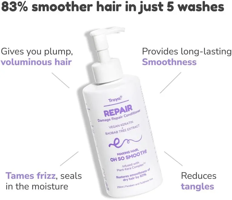 نرم کننده مو ترمیم کننده آسیب دیده ترایا، کراتین وگان، عصاره درخت بائوباب، نرم کننده مرطوب کننده عمیق برای ترمیم تارهای مو آسیب دیده، بدون سولفات و پارابن، برای انواع مو | 250 میلی لیتر