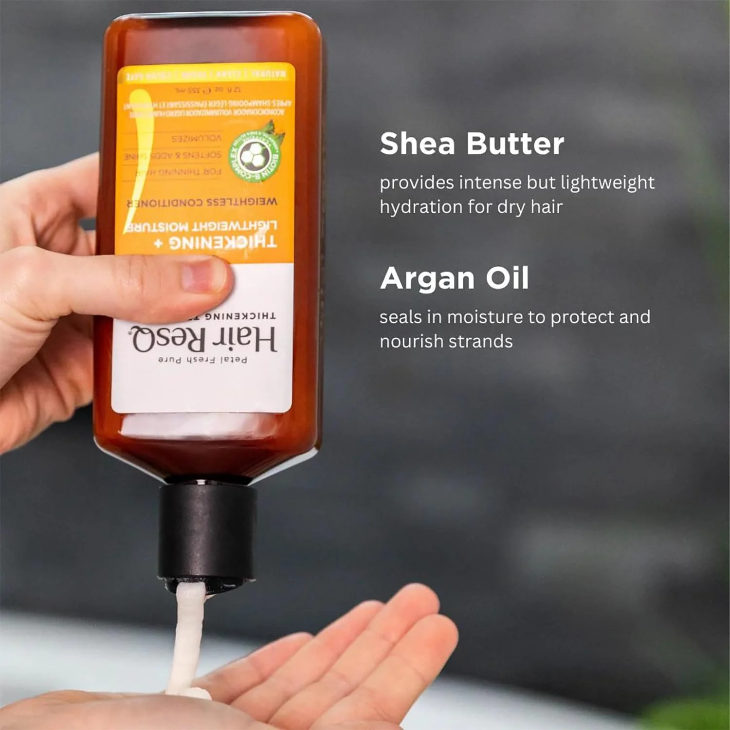 نرم کننده موی خشک و ضخیم کننده طبیعی پتال فرش Hair ResQ | برای درخشندگی، آبرسانی و حجم دهی | حاوی شی باتر و روغن آرگان | وگان، بدون تست حیوانی و محافظ رنگ مو | 355 میلی لیتر