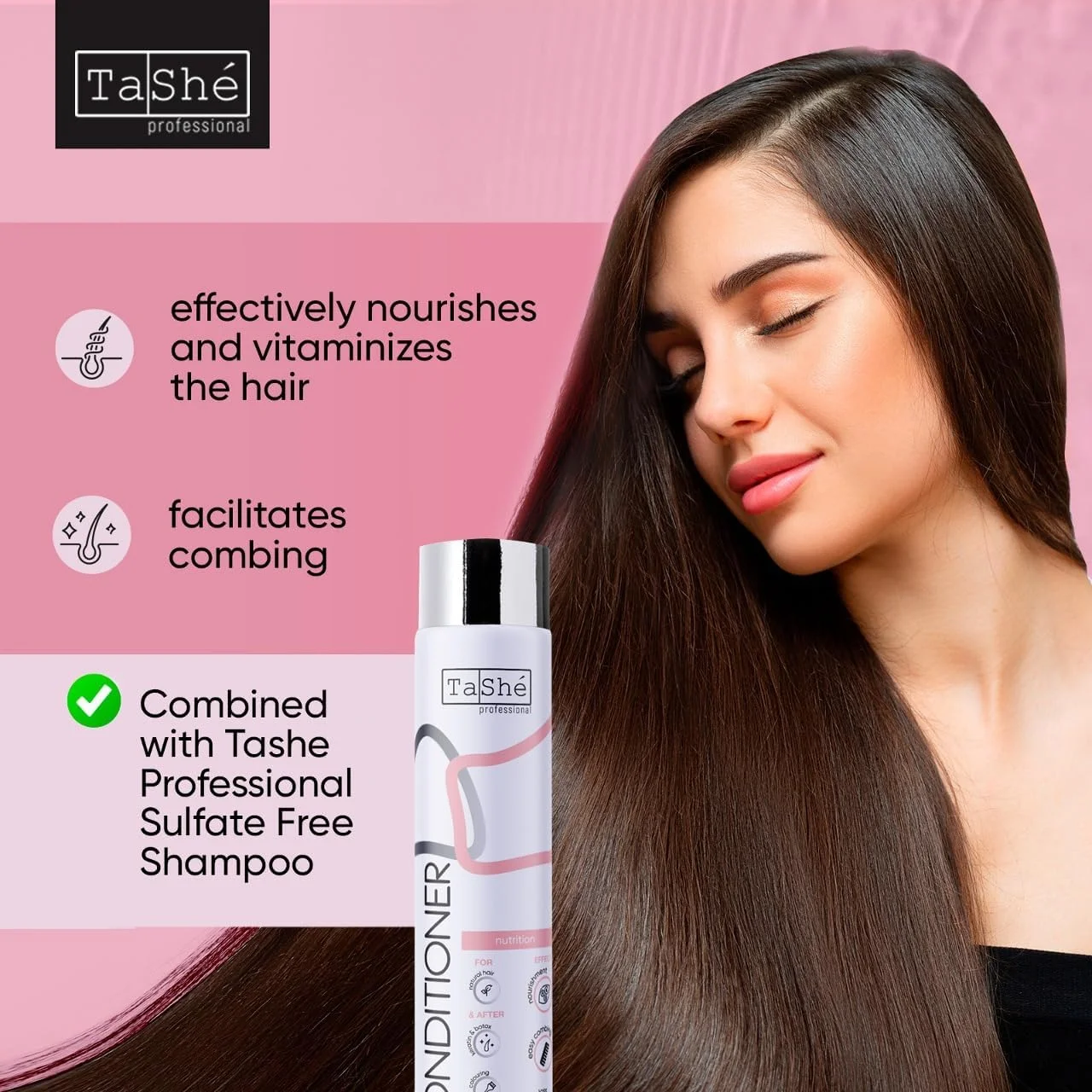 نرم کننده مغذی موهای خشک و آسیب دیده تاشه – مرطوب کننده، بدون سولفات و پارابن – کنترل وز، باز کردن گره، محافظت از رنگ مو – 300 میلی لیتر