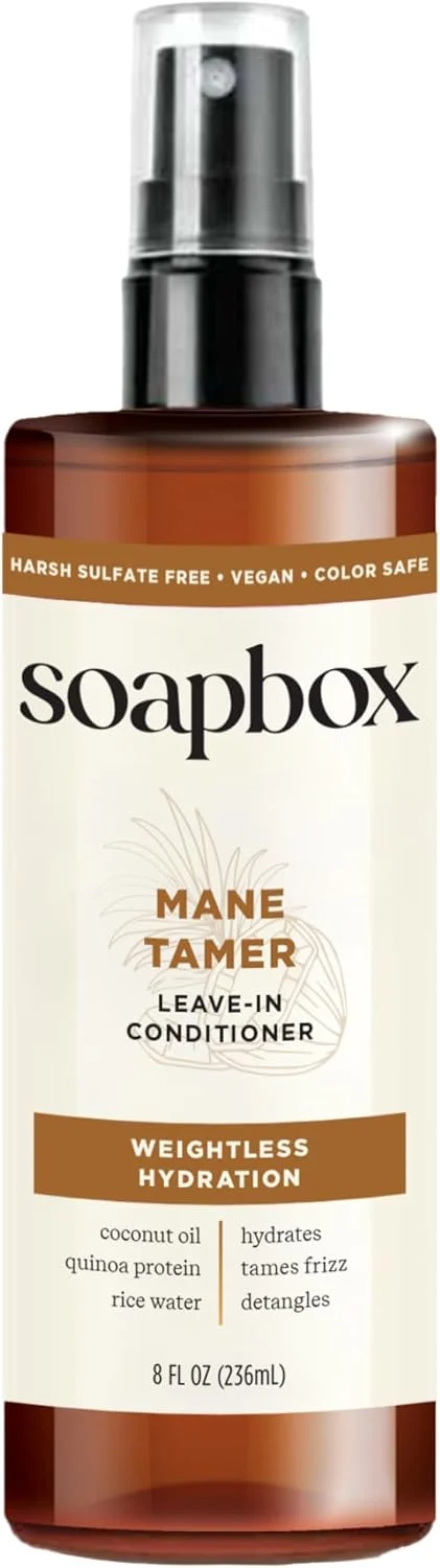 اسپری نرم کننده مو بدون نیاز به آبکشی Soapbox Mane Tamer، برای از بین بردن وز، صاف کردن موخوره، آبرسانی، درخشش و باز کردن گره موهای خشک و آسیب دیده، بدون پارابن، وگان (236 میلی لیتر)