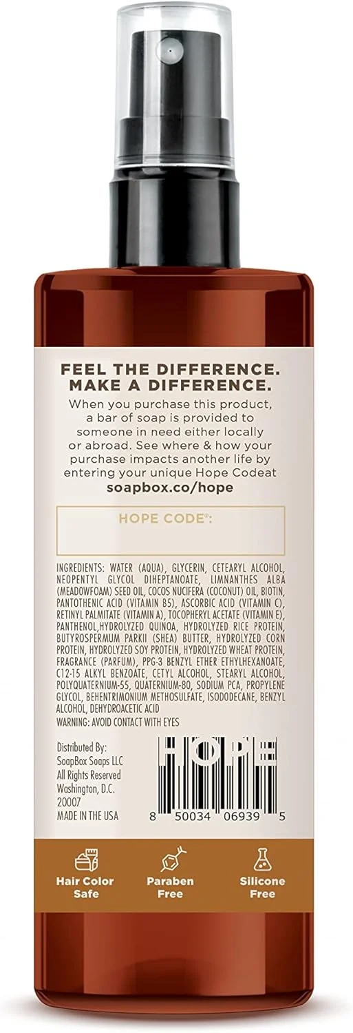 اسپری نرم کننده مو بدون نیاز به آبکشی Soapbox Mane Tamer، برای از بین بردن وز، صاف کردن موخوره، آبرسانی، درخشش و باز کردن گره موهای خشک و آسیب دیده، بدون پارابن، وگان (236 میلی لیتر)