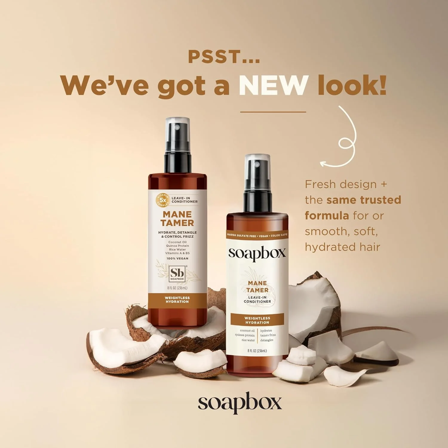 اسپری نرم کننده مو بدون نیاز به آبکشی Soapbox Mane Tamer، برای از بین بردن وز، صاف کردن موخوره، آبرسانی، درخشش و باز کردن گره موهای خشک و آسیب دیده، بدون پارابن، وگان (236 میلی لیتر)