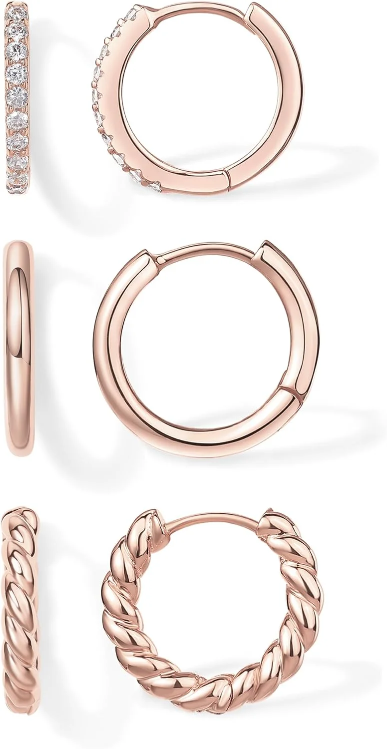 گوشواره های حلقه ای کوچک پاوی با روکش طلای زرد 14K-18K و پایه نقره استرلینگ - سه جفت گوشواره حلقه ای طلایی زنانه - مجموعه گوشواره های حلقه ای ضخیم قطره اشکی طنابی زیرکونیا