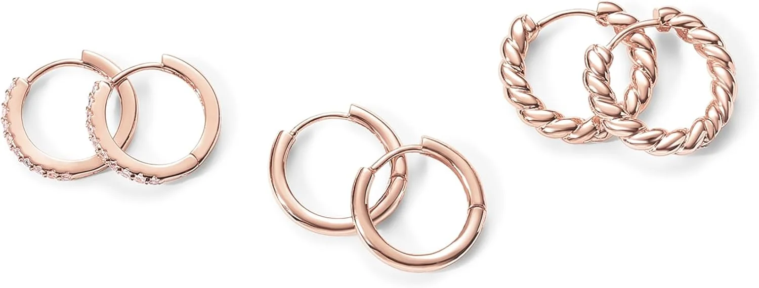 گوشواره های حلقه ای کوچک پاوی با روکش طلای زرد 14K-18K و پایه نقره استرلینگ - سه جفت گوشواره حلقه ای طلایی زنانه - مجموعه گوشواره های حلقه ای ضخیم قطره اشکی طنابی زیرکونیا