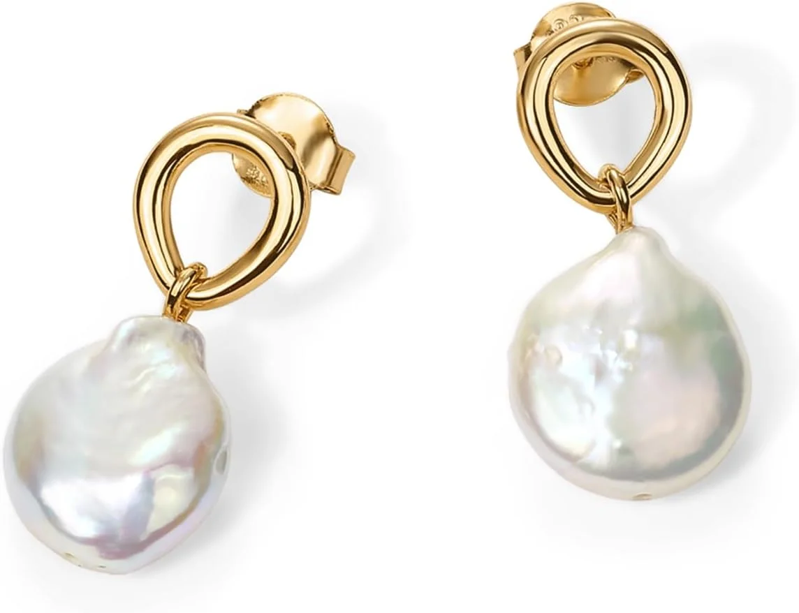 گوشواره های آویز مروارید زنانه با روکش طلای 14 عیار PAVOI - جواهرات مد با قفل پروانه ای