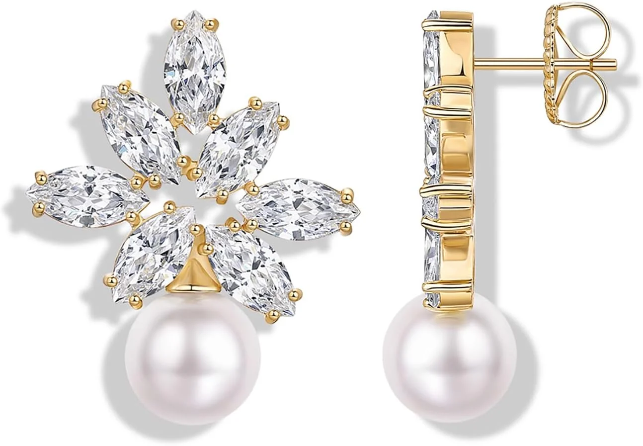 گوشواره های میخی زنانه پاوی با روکش طلای 14 عیار و نگین زیرکونیا - گوشواره های مجلسی خوشه ای کریستالی با پایه نقره استرلینگ برای عروس و ساقدوش عروس - جواهرات عروسی ترندی مرواریدی CZ