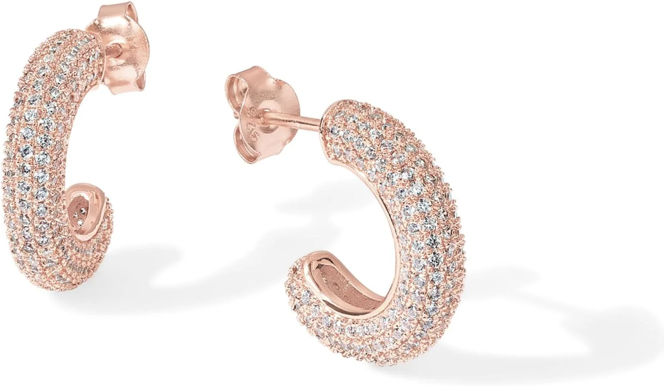 گوشواره های حلقه ای ضخیم با روکش طلای 14 عیار و پایه نقره استرلینگ 925 با زیرکونیای مکعبی | گوشواره های حلقه ای طلایی ضخیم و سبک وزن برای زنان | گوشواره حلقه ای تمام نگین