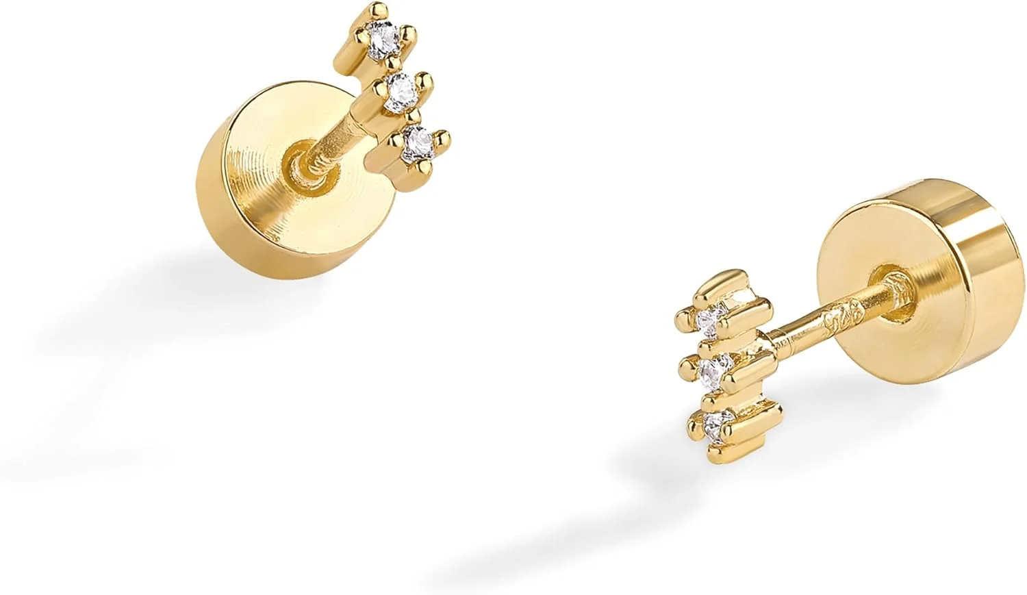 گوشواره های میخی زنانه پاوی با روکش طلای 14 عیار، پایه نقره استرلینگ، زیرکونیا مکعبی، طرح سه تایی میله ای