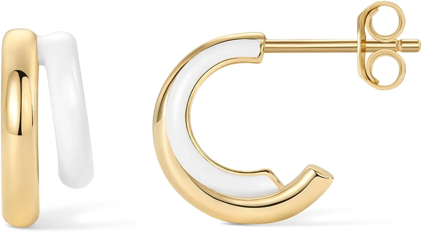 گوشواره های حلقه ای دوتایی میناکاری شده پاوی با روکش طلای 14 عیار و پایه نقره استرلینگ | گوشواره های حلقه ای میناکاری رنگی برای زنان | جواهرات میناکاری آبی، صورتی، بنفش، سفید