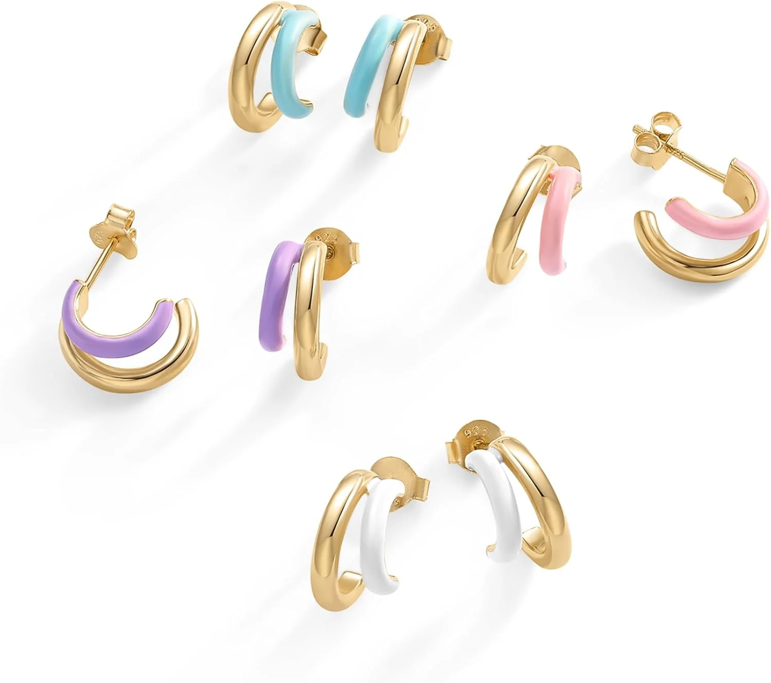 گوشواره های حلقه ای دوتایی میناکاری شده پاوی با روکش طلای 14 عیار و پایه نقره استرلینگ | گوشواره های حلقه ای میناکاری رنگی برای زنان | جواهرات میناکاری آبی، صورتی، بنفش، سفید گوشواره های حلقه ای دوتایی میناکاری شده پاوی با روکش طلای 14 عیار و پایه نقره استرلینگ | گوشواره های حلقه ای میناکاری رنگی برای زنان | جواهرات میناکاری آبی، صورتی، بنفش، سفید