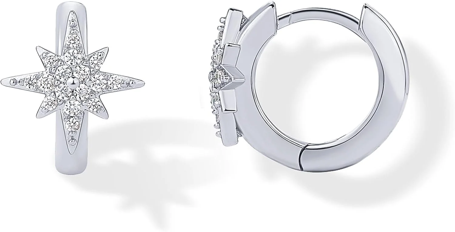 گوشواره های حلقه ای کوچک پاوی با روکش طلای 14 عیار و پایه نقره استرلینگ برای زنان - گوشواره های حلقه ای طرح دار ستاره شمالی، پروانه، قلب - جواهرات طلایی زیبا با زیرکونیای مکعبی