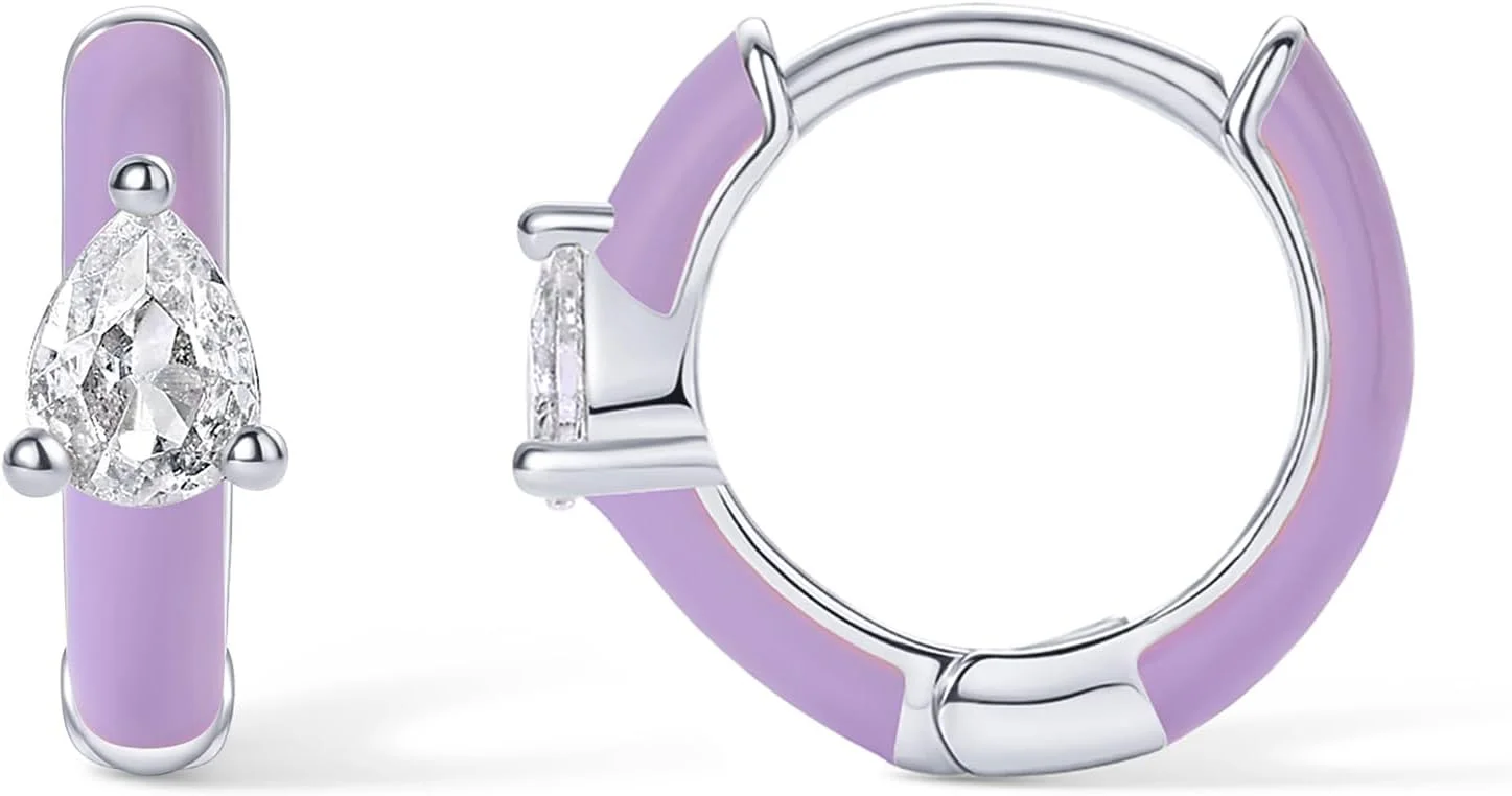 گوشواره های حلقه ای کوچک پاوی با روکش طلای 14 عیار و نگین زیرکونیا مکعبی گلابی شکل | گوشواره های حلقه ای رنگی میناکاری شده برای زنان