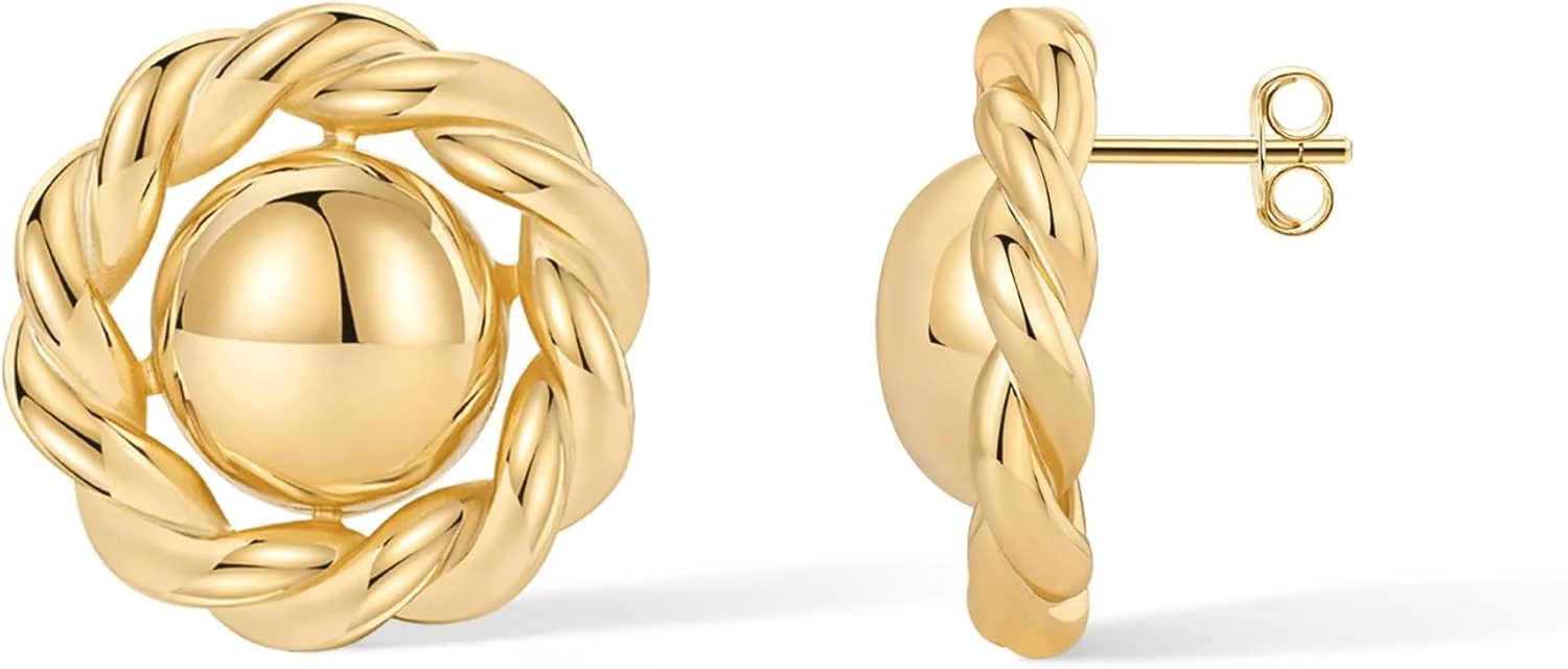 گوشواره های میخی دکمه ای گره طنابی با روکش طلای 14 عیار PAVOI برای زنان | یک جفت گوشواره طلایی