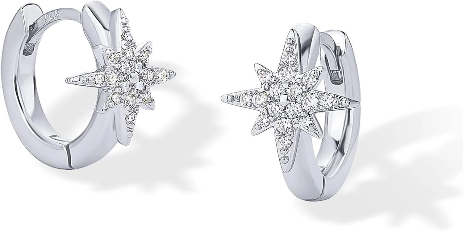 گوشواره های حلقه ای کوچک پاوی با روکش طلای 14 عیار و پایه نقره استرلینگ برای زنان - گوشواره های حلقه ای طرح دار ستاره شمالی، پروانه، قلب - جواهرات طلایی زیبا با زیرکونیای مکعبی