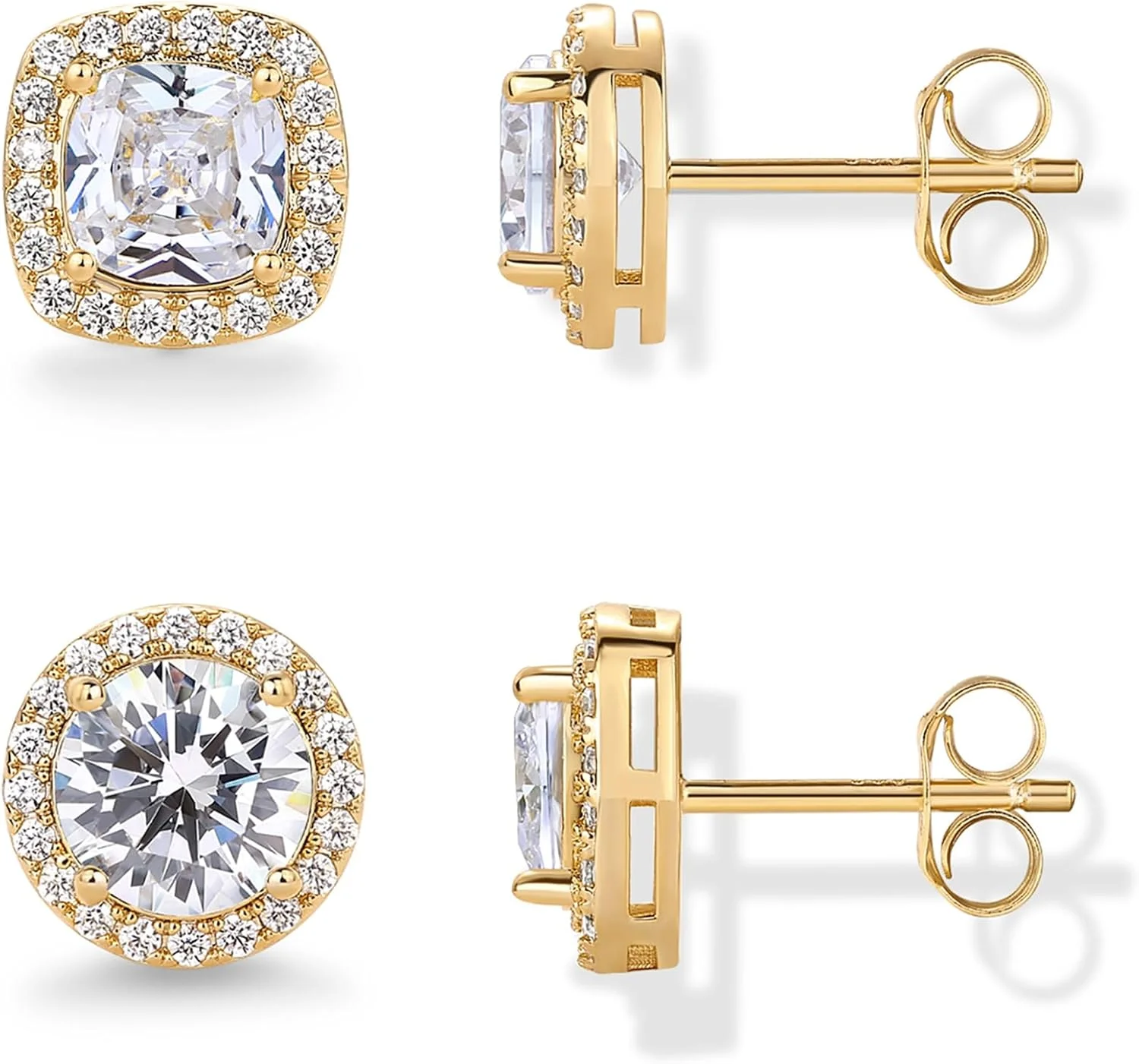 گوشواره های میخی زنانه پاوی با روکش طلای 14 عیار و نگین های زیرکونیا - مدل های گرد و کوسن دار با قفل پروانه ای