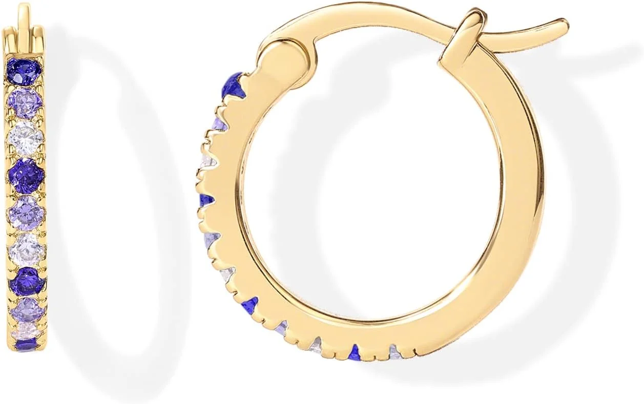 گوشواره های حلقه ای زیرکونیا مکعبی با روکش طلای 18 عیار و پایه نقره استرلینگ 925 پاوی برای زنان | حلقه های زیرکونیا مکعبی رنگی | گوشواره های 15 میلی متری سبز، بنفش آمبره، مشکی