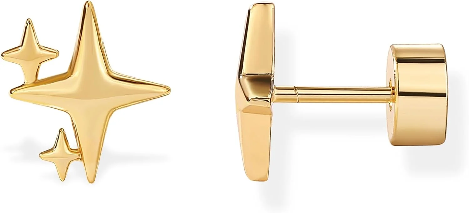 گوشواره های میخی کوچک درخشان با روکش طلای 14 عیار PAVOI برای زنان | جفت گوشواره ستاره