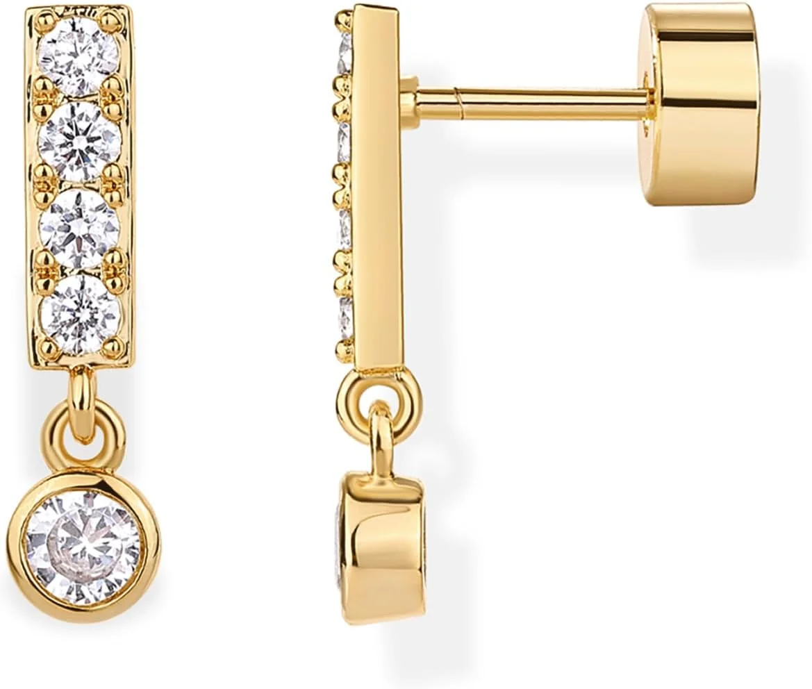 PAVOI 14K Gold Plated Sterling Silver Posts Cubic Zirconia Bar Flat Backs Stud Earrings for Women - Earscape Drop Dangle Round CZ Mini Stud Earrings