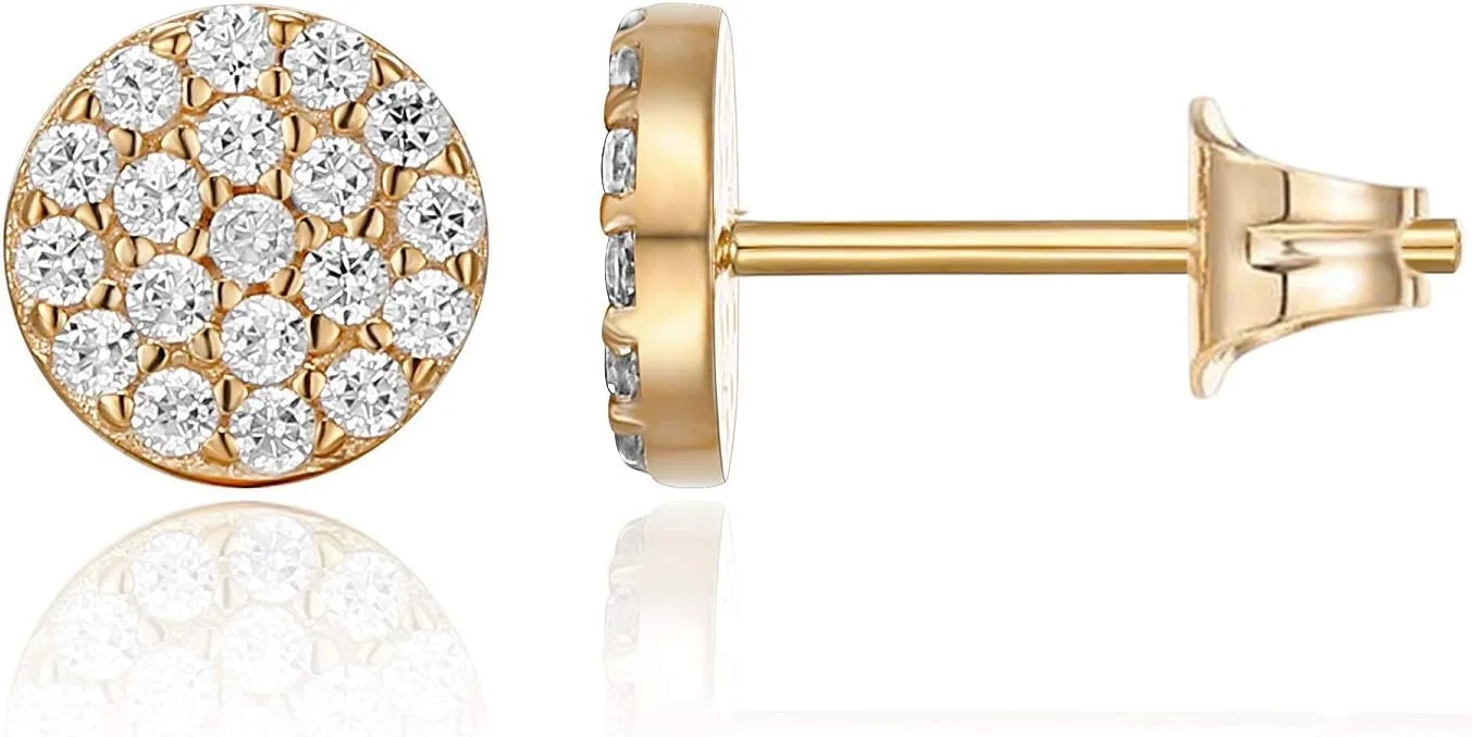 گوشواره های میخی با روکش طلای 14 عیار و پایه نقره استرلینگ PAVOI برای زنان | دیسک مینی CZ Pave | گوشواره های طلایی برای زنان