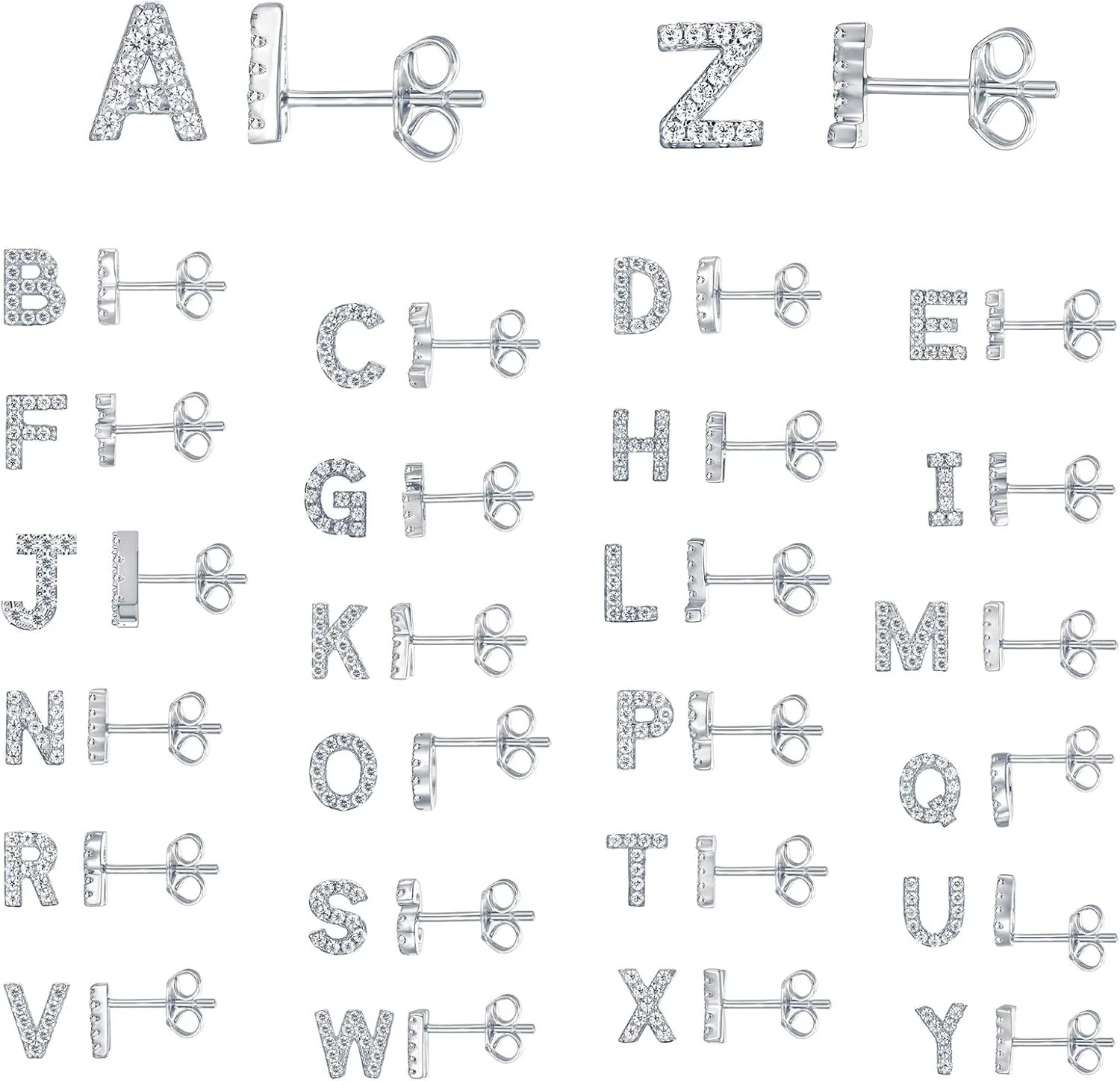گوشواره های میخی نقره استرلینگ 925 پاوی با نگین های الماس مصنوعی زیرکونیا، گوشواره های حروف الفبا گوشواره های میخی نقره استرلینگ 925 پاوی با نگین های الماس مصنوعی زیرکونیا، گوشواره های حروف الفبا