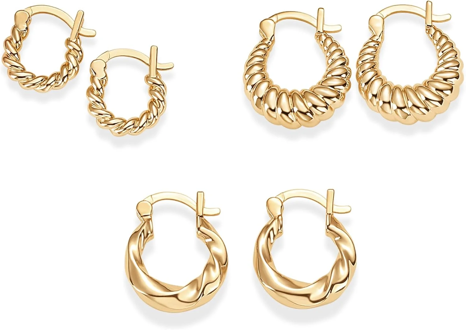 ست گوشواره حلقه ای طنابی تابیده پاوی با روکش طلای 14 عیار و پایه نقره استرلینگ | بسته سه تایی حلقه ای ضخیم | مناسب برای خانم ها 14 میلی متر 13 میلی متر 10 میلی متر ست گوشواره حلقه ای طنابی تابیده پاوی با روکش طلای 14 عیار و پایه نقره استرلینگ | بسته سه تایی حلقه ای ضخیم | مناسب برای خانم ها 14 میلی متر 13 میلی متر 10 میلی متر