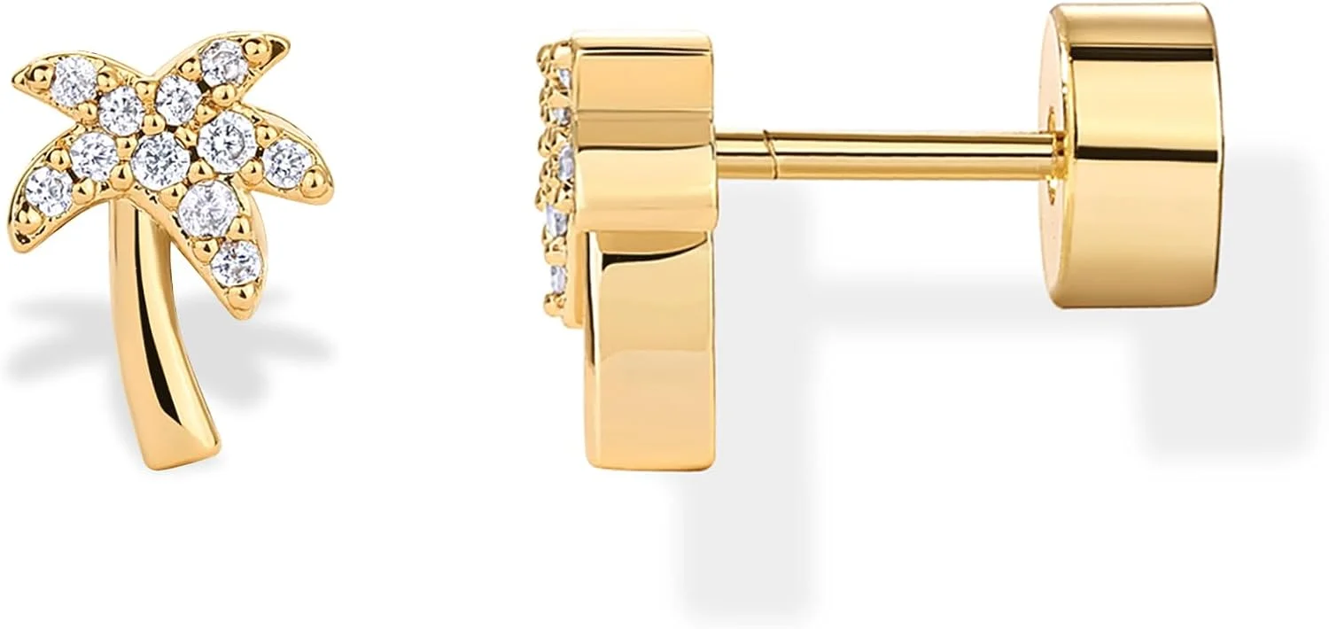 گوشواره های پشت صاف طرح درخت نخل با روکش طلای 14 عیار و زیرکونیا کیوبیک پاوی | جواهرات مد روز برای زنان