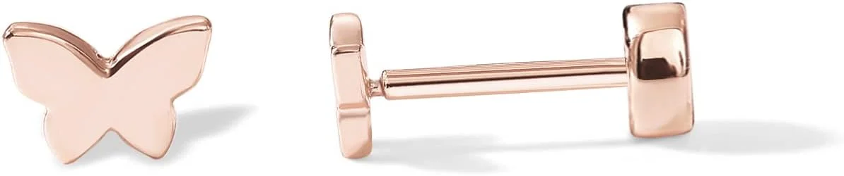 گوشواره های میخی پشت صاف زنانه پاوی با روکش طلای 14 عیار و پایه نقره استرلینگ 925 | پیرسینگ غضروف هلیکس | طرح های قلب، ماه، مار، صورتک خندان، پروانه، یین و یانگ و ستاره قطبی