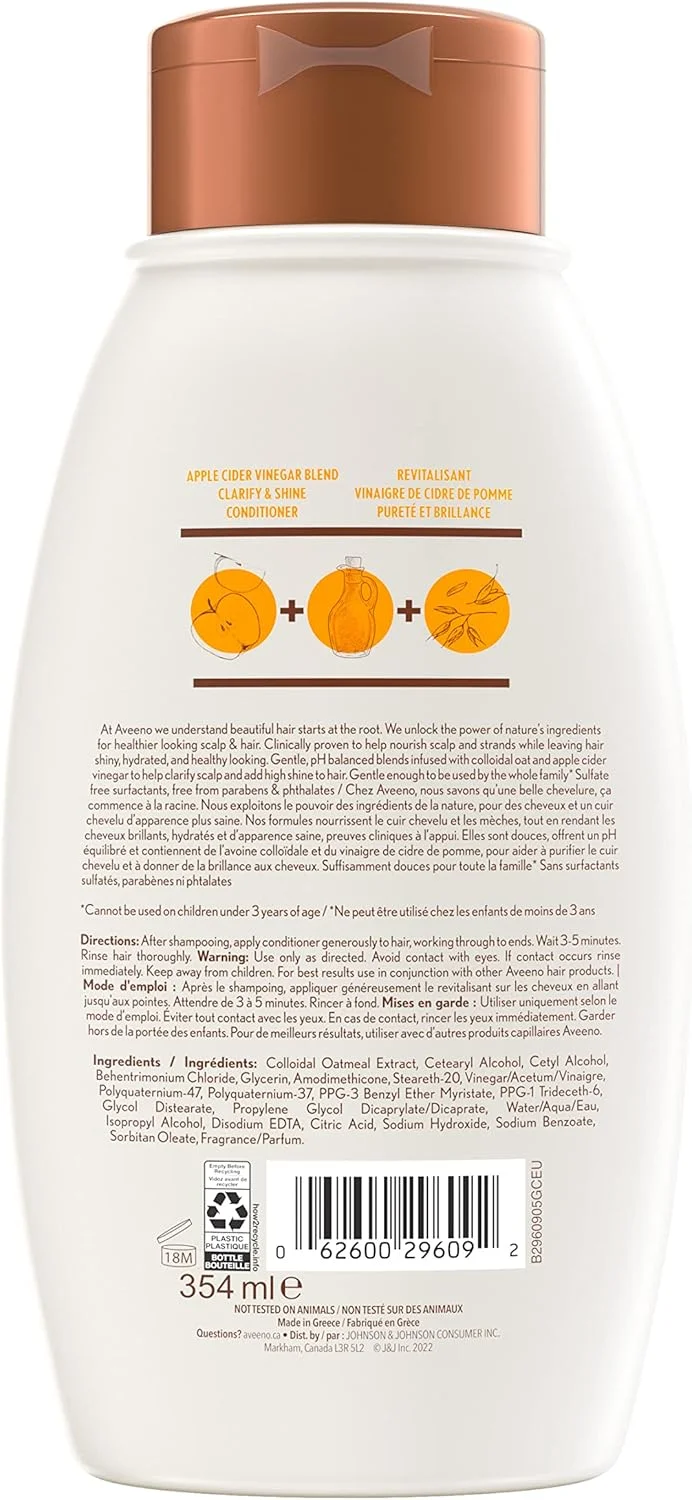نرم کننده مو سرکه سیب Aveeno، درخشان کننده، مغذی، برای موهای کدر، 354 میلی لیتر