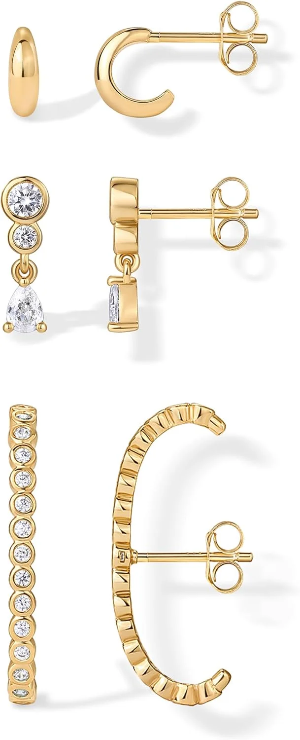 گوشواره های زنانه پاوی با روکش طلای 14 عیار و پایه نقره استرلینگ - مجموعه سه تایی گوشواره های آویز، حلقه ای و کاف گوشی مینیمالیستی