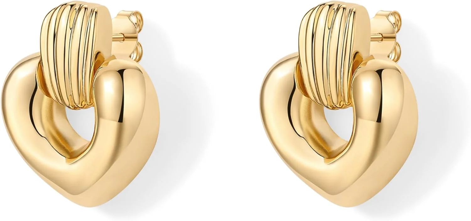 گوشواره های حلقه ای ضخیم طرح قلب با روکش طلای 14 عیار PAVOI برای زنان - جواهرات آویزی جسورانه طرح عشق گوشواره های حلقه ای ضخیم طرح قلب با روکش طلای 14 عیار PAVOI برای زنان - جواهرات آویزی جسورانه طرح عشق