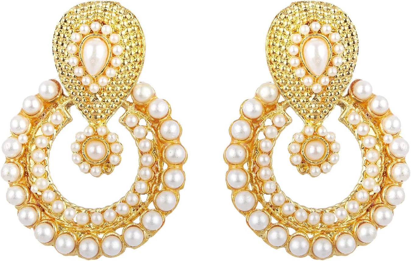 گوشواره زنانه ژنم مدل اشکی مرواریدی با روکش طلایی به سبک قومی