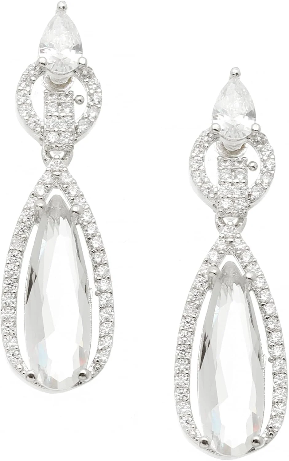 گوشواره های آویز بلند طرح اشک نگین دار روکش رودیوم ZENEME با الماس های آمریکایی دست ساز برای دختران و زنان (سفید)