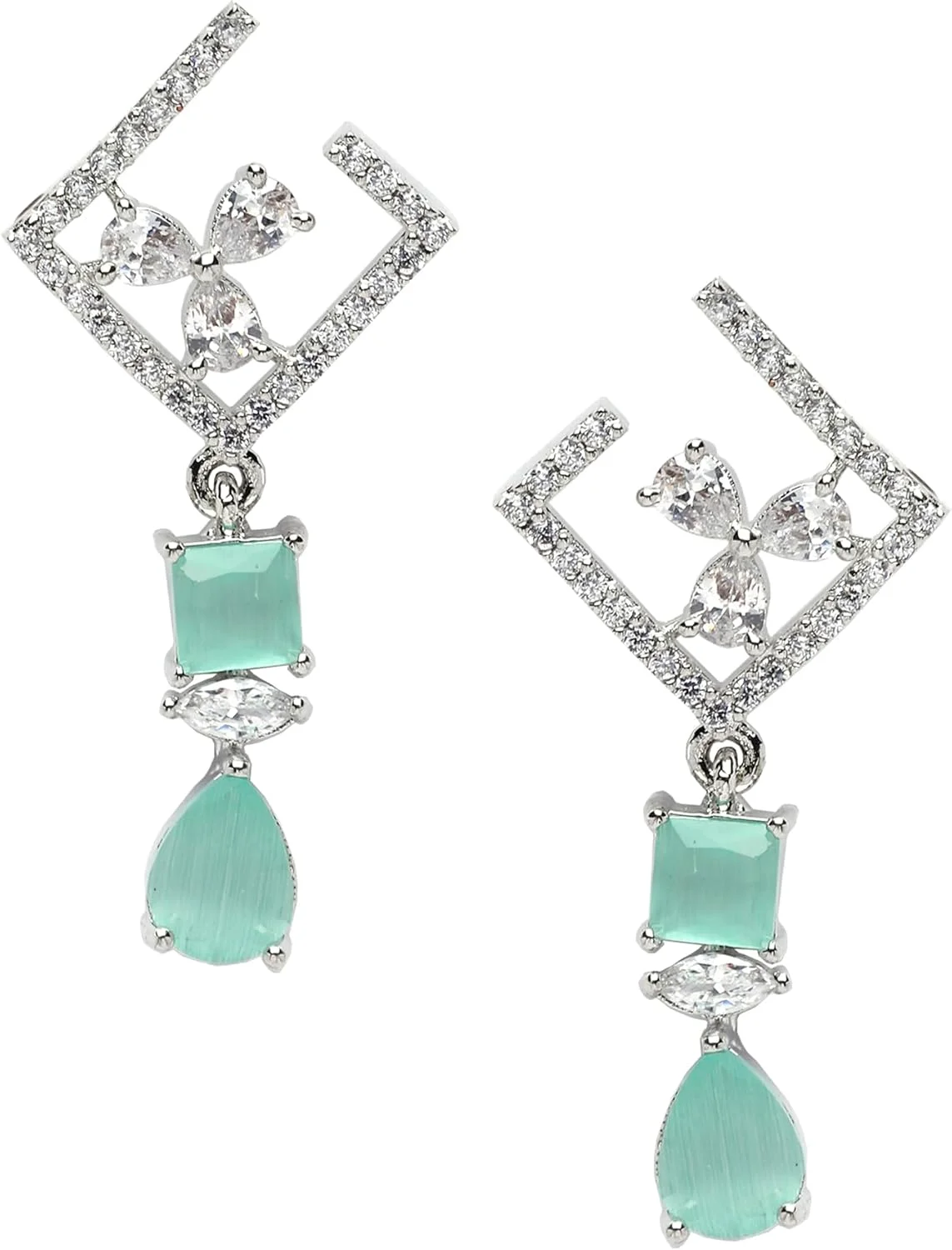 گوشواره های آویز مربعی و اشکی نگین دار طرح الماس آمریکایی با روکش رودیوم زنانه