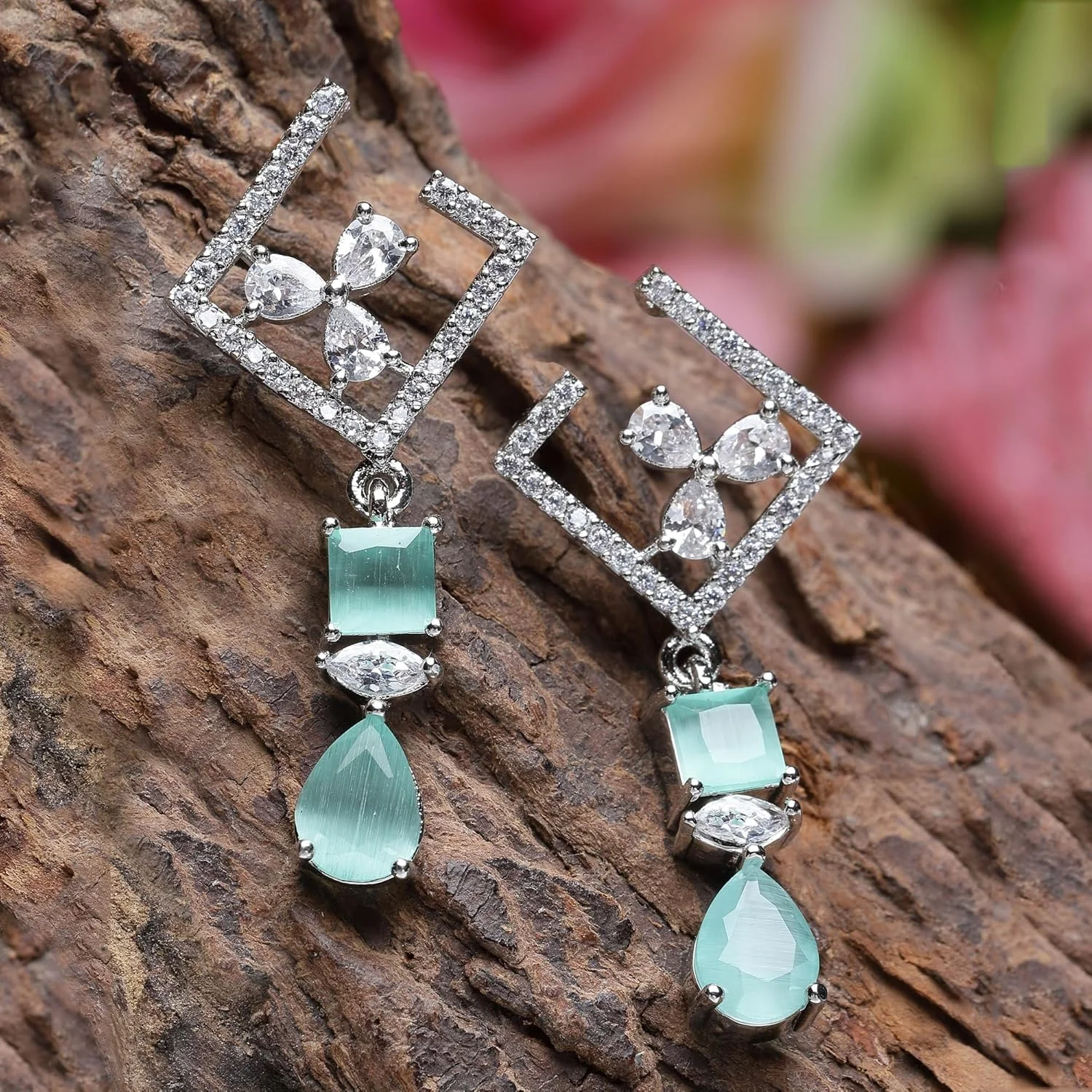 گوشواره های آویز مربعی و اشکی نگین دار طرح الماس آمریکایی با روکش رودیوم زنانه