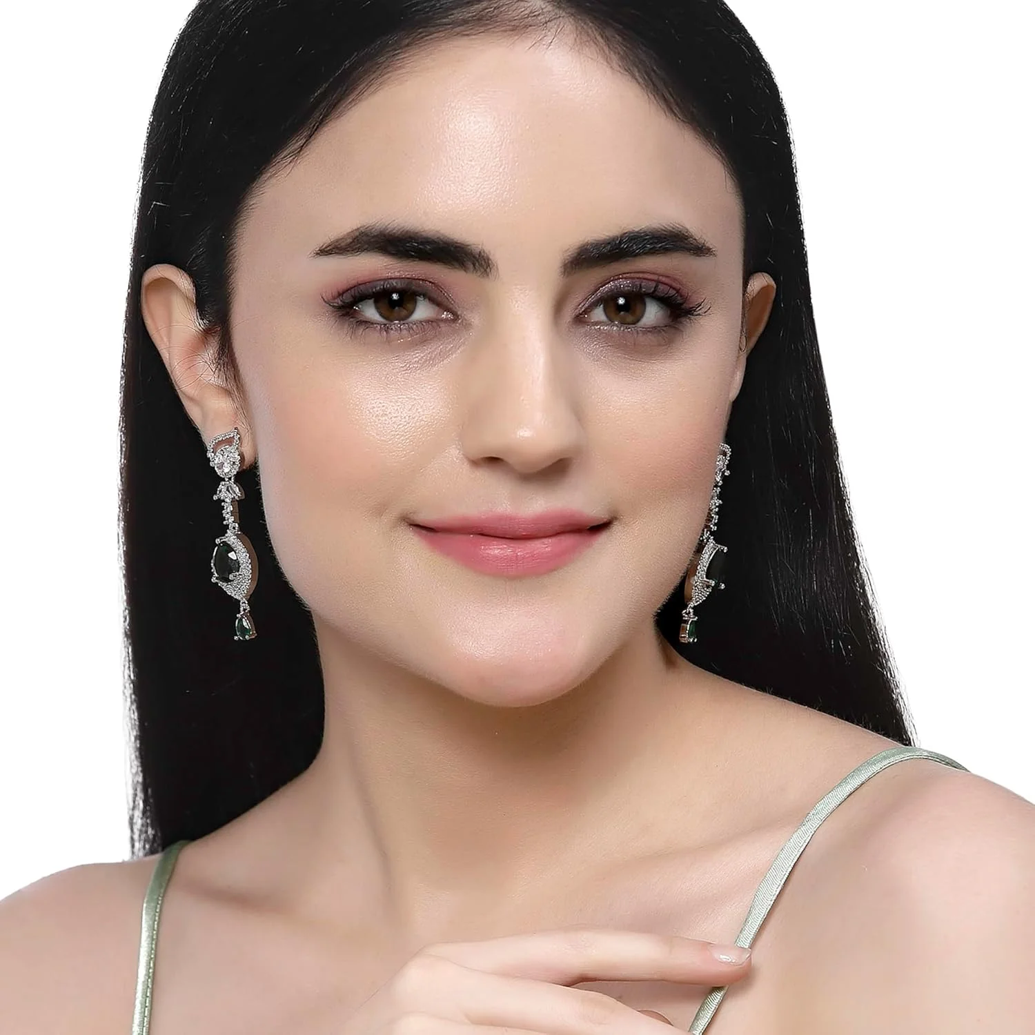 گوشواره های آویز اشکی دست ساز نگین دار الماس آمریکایی با روکش رودیوم زنانه و دخترانه (سبز و سفید) از برند زنمی گوشواره های آویز اشکی دست ساز نگین دار الماس آمریکایی با روکش رودیوم زنانه و دخترانه (سبز و سفید) از برند زنمی