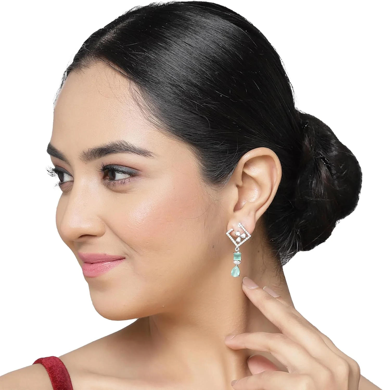 گوشواره های آویز مربعی و اشکی نگین دار طرح الماس آمریکایی با روکش رودیوم زنانه