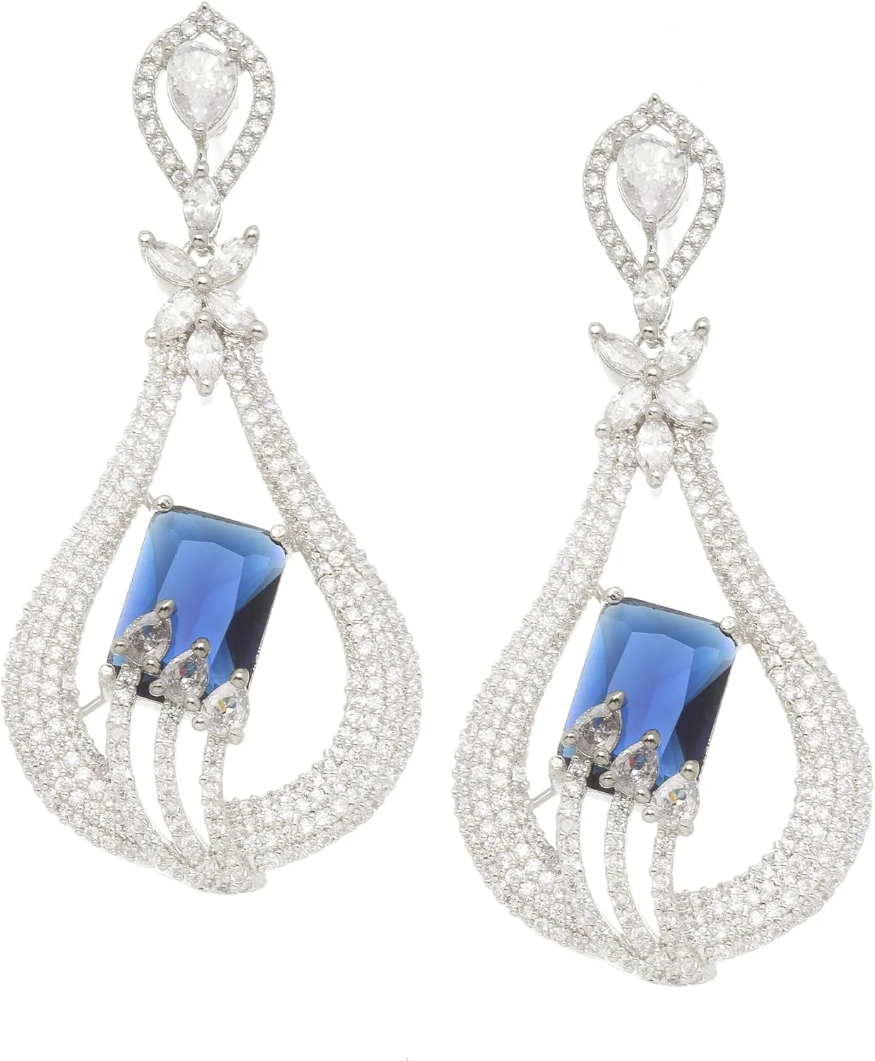 گوشواره های آویز طرح دار دست ساز زنانه و دخترانه نگین دار با روکش رودیوم (آبی سرمه ای)