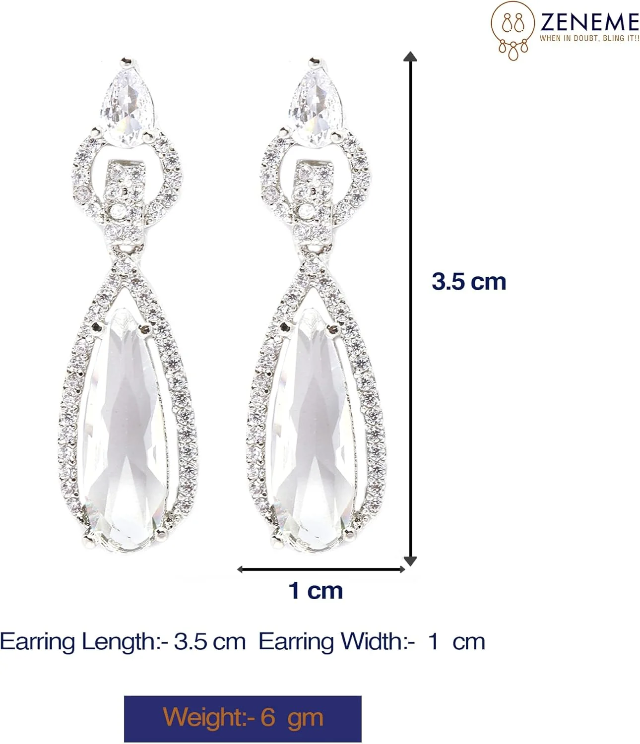 گوشواره های آویز بلند طرح اشک نگین دار روکش رودیوم ZENEME با الماس های آمریکایی دست ساز برای دختران و زنان (سفید)