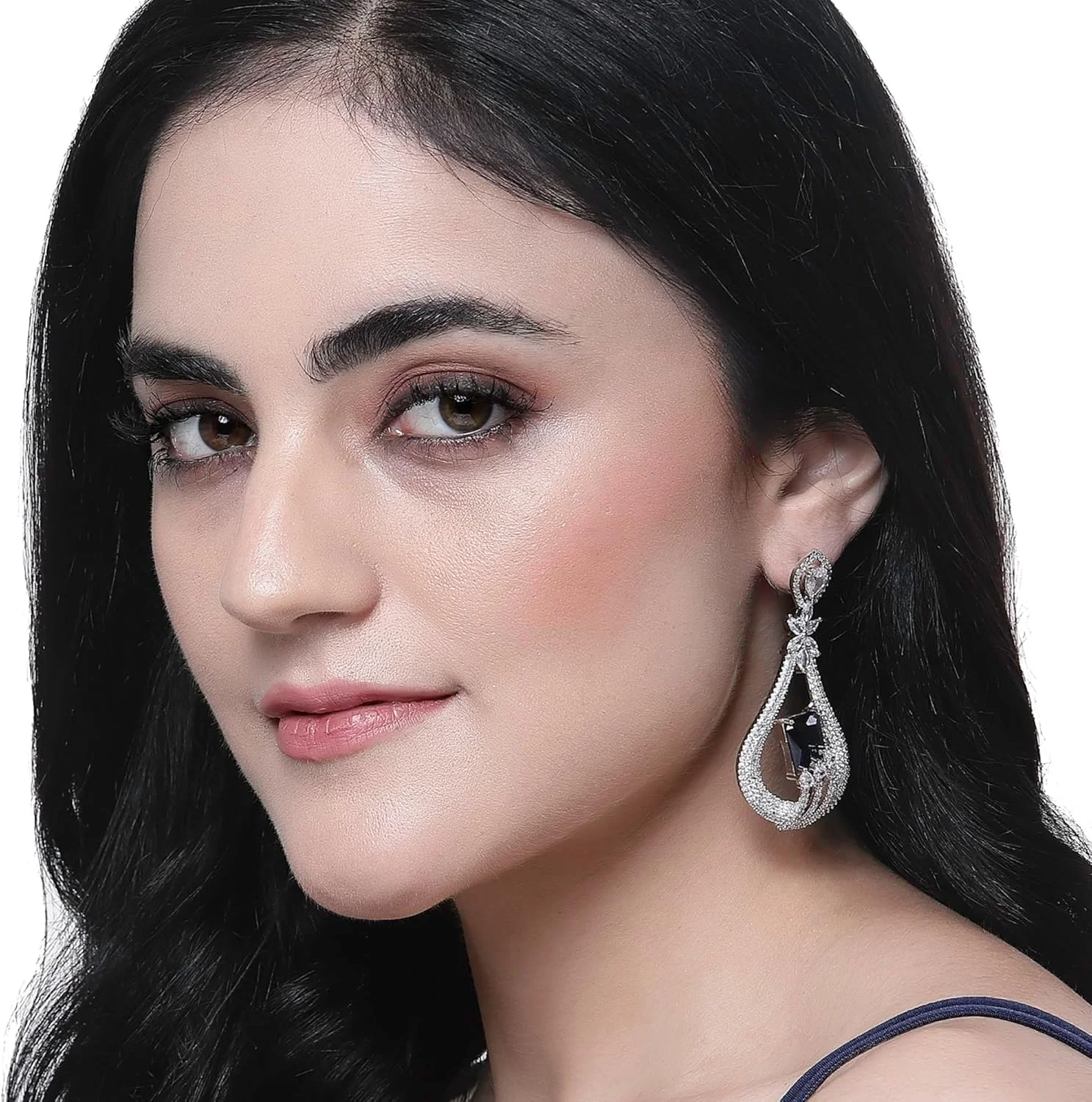 گوشواره های آویز طرح دار دست ساز زنانه و دخترانه نگین دار با روکش رودیوم (آبی سرمه ای)