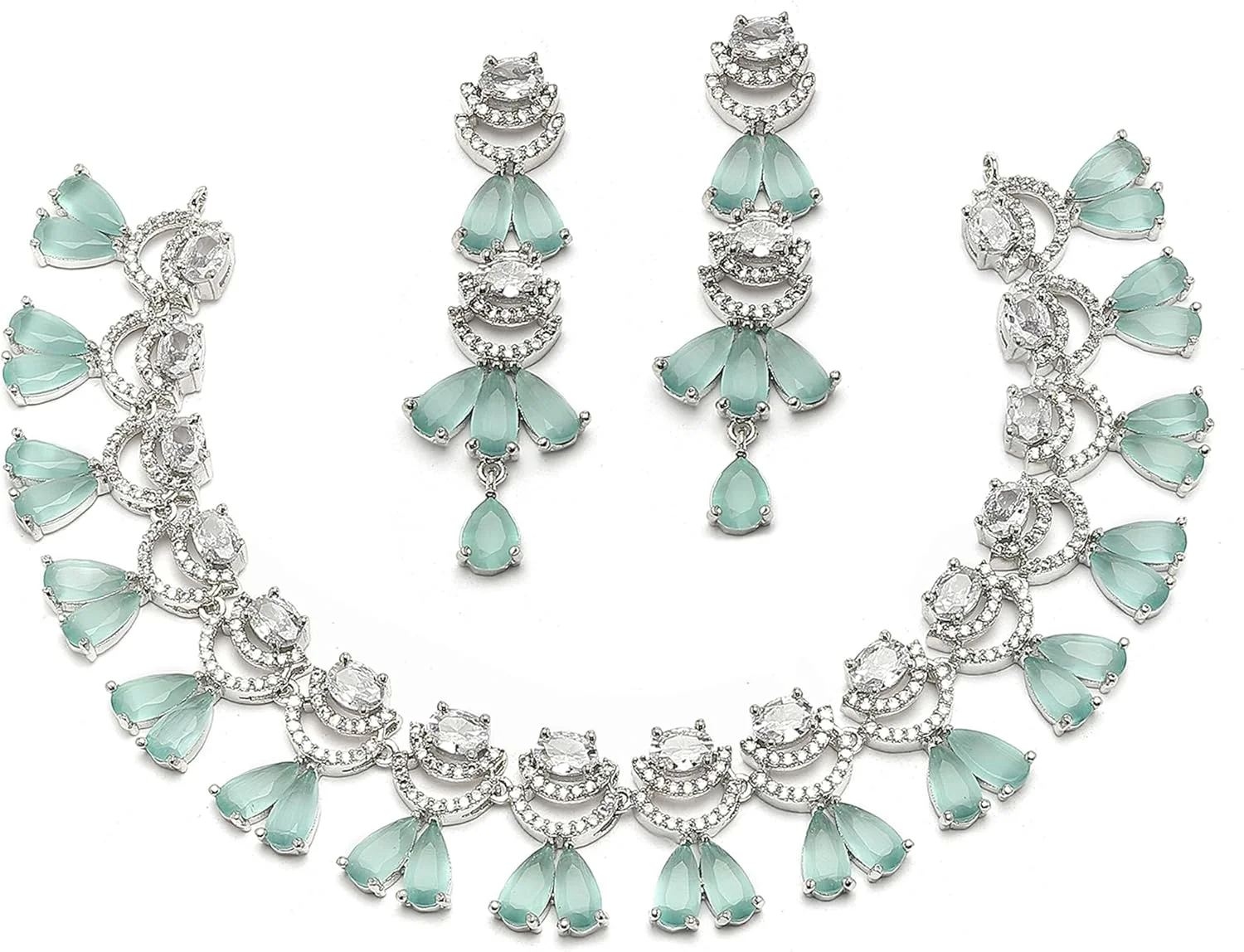 ست گردنبند و گوشواره زنانه نگین دار طرح اشکی و هلالی با روکش رودیوم ZENEME